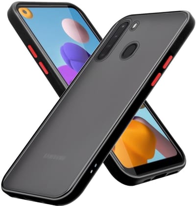 Cadorabo Hoesje geschikt voor Samsung Galaxy A21 in Mat Zwart - Rode Knopen - Hybride beschermhoes met TPU siliconen Case Cover binnenkant en matte plastic achterkant