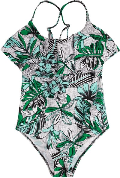 Badpak met volant voorkant - Jungle bloemen 128-134