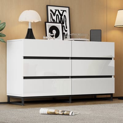 Dressoir - 140x39,5x78,5 cm - Met 6 Laden Hoogglans - Met Metalen Poten - Hout - Wit Zwart