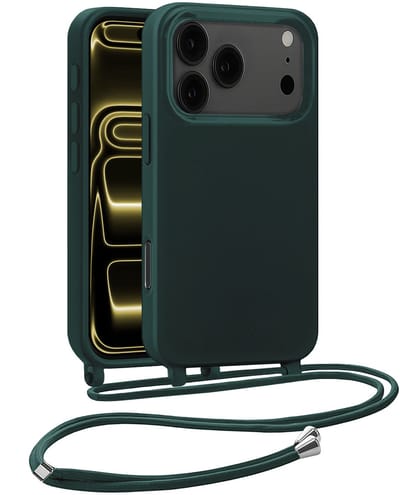 Hoesje Geschikt voor iPhone 17 Pro Hoesje Met Koord Siliconen Case - Hoes Geschikt voor iPhone 17 Pro Backcover Met Afneembaar Koord - Donkergroen
