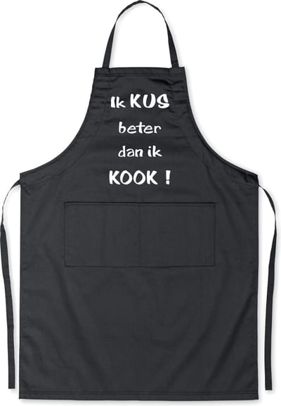 Benza Schort Ik KUS beter dan ik KOOK! - Grappige/Leuke/Mooie/Luxe Keukenschort - Zwart