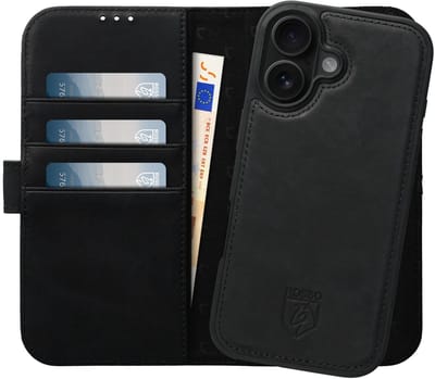Rosso Elite Hoesje Geschikt voor Apple iPhone 16 | Compatibel met MagSafe | Book Case en Back Cover | Magnetisch Uitneembaar | Echt Leer Beschermhoes met Pasjeshouder | Zwart