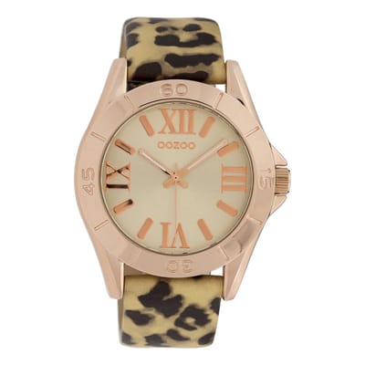 OOZOO Timepieces - Rosé goudkleurige horloge met zwart/goudkleurige leren band - C9783