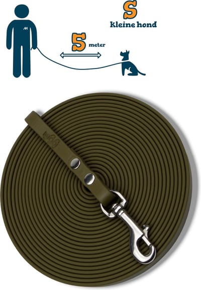 Miqdi BioThane® Sleeplijn 5 meter – zonder handvat – S (9 mm) – olijfgroen – waterdicht & sterk