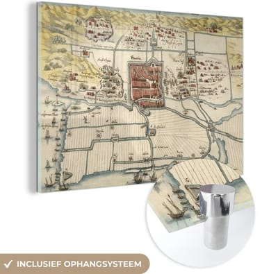 MuchoWow® Glasschilderij 60x40 cm - Schilderij acrylglas - Plattegrond - Haarlem - Antiek - Foto op glas - Schilderijen - Stadskaart