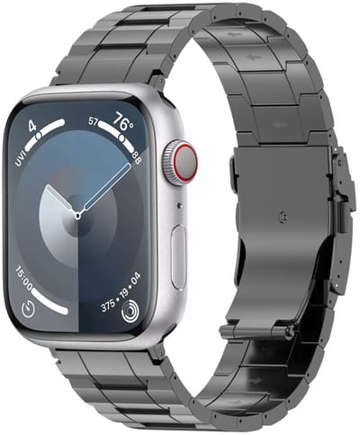 Titanium bandje - geschikt voor Apple Watch 1/2/3/4/5/6/7/8/9/10/11/ SE (1,2,3) met maat 38 mm / 40 mm / 41 mm en 42 mm (Watch 10/11) - schakelband met vlindersluiting - grijs