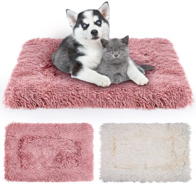 2 stuks hondenkrat bedmatras, fleece kussen voor huisdieren, wasbaar kattenkussen voor kleine hond, kat, puppy (roze, wit, 69 x 52 cm)