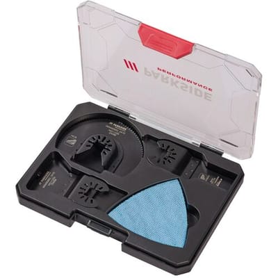 PARKSIDE PERFORMANCE® Multitool accessoires - Houtbewerking - Ideaal voor sloop-, loodgieters- en renovatiewerkzaamheden - 8 delige set - voor zagen en schuren - Incl. 1 hardmetalen zaagblad, 1 segment-halfrond zaagblad, 1 trekmes, 5 x schuurpapier