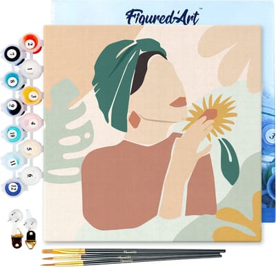 Figured'Art Mini Schilderen op Nummer Volwassenen 20x20cm met lijst Vrouw met groene tulband - Klein Formaat Creatieve Hobby Kit DIY Art Nummer Compleet