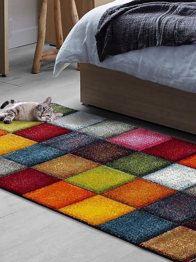 the carpet Monde Deluxe Vloerkleed Handgesneden, Korte pool, Kleurrijk, Blauw, Wit, Rood, Grijs, Goud, Vierkant patroon, 80x150 cm