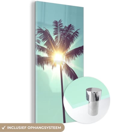 MuchoWow® Glasschilderij 20x40 cm - Schilderij acrylglas - Palmbomen - Zomer - Zon - Foto op glas - Schilderijen - Portret van de zomer