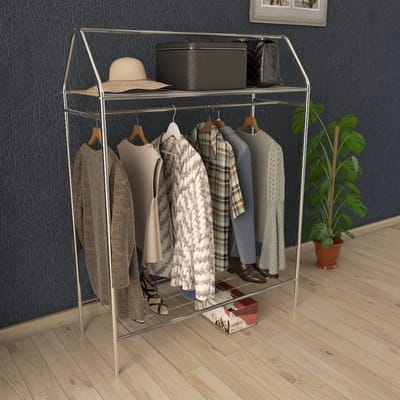 Design Kledingrek - Metaal - 143x40x104 CM - Zilver - Opbergruimte Voor Schoenen - Garderoberek Met Haken - Opbergrek