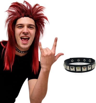 Langdurige Hippie Punk Rock Star Perücke en Choker Set voor Volwassenen, Geschikt voor Halloween Feest, Retro Kostuumaccessoire voor 70s, 80s en 90s (Rood)