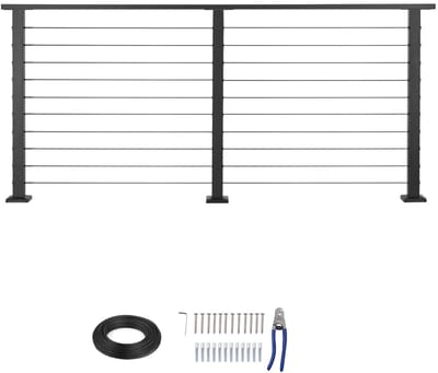198 cm Kabelleuningset met Paal, 89 cm Hoge Matzwarte Roestvrijstalen Leuning, Verstelbaar voor Binnen en Buitentrappen, voorgeboorde Palen voor Trappen, Terrassen en Balkons