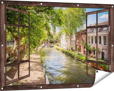 Gards Tuinposter Doorkijk Oudegracht in Utrecht - 120x80 cm - Tuindoek - Tuindecoratie - Wanddecoratie buiten - Tuinschilderij