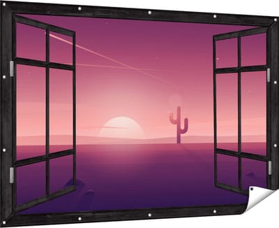 Gards Tuinposter Doorkijk Zonsondergang in de Woestijn met een Cactus - 180x120 cm - Tuindoek - Tuindecoratie - Wanddecoratie buiten - Tuinschilderij