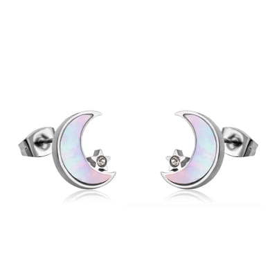 Planet Pink - Oorbellen shiny maan zilver - Stainless Steel - Roestvrij Staal rvs - Waterproof