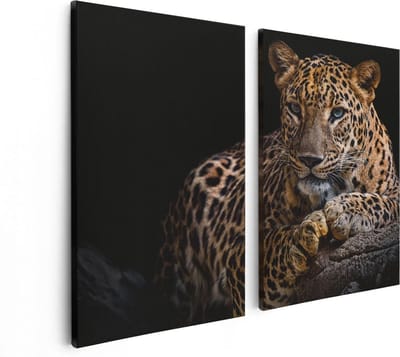 Artaza Canvas Schilderij Tweeluik Luipaard Met Blauwe Ogen - 80x60 cm - Wanddecoratie Woonkamer - Schilderijen - Muurdecoratie