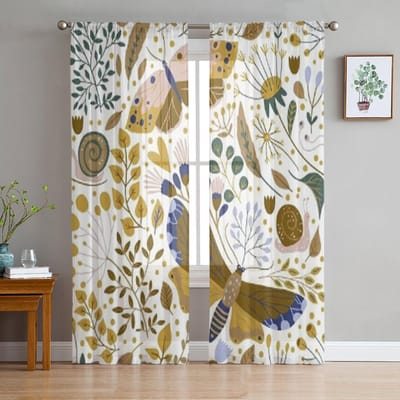 Bloem Botanisch Vlinder Transparant Gordijn Voor Woonkamer Slaapkamer Voile Gordijnen Voor Raam Organza Gordijnen Feest Tule Draperieën 135W x 114H(cm) white