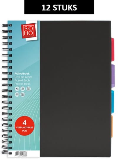 SOHO Projectboek – Collegeblok – Lijntjespapier – 4 verplaatsbare tabs – 23 rings – 200 vellen – A4 – Zwart - 12x