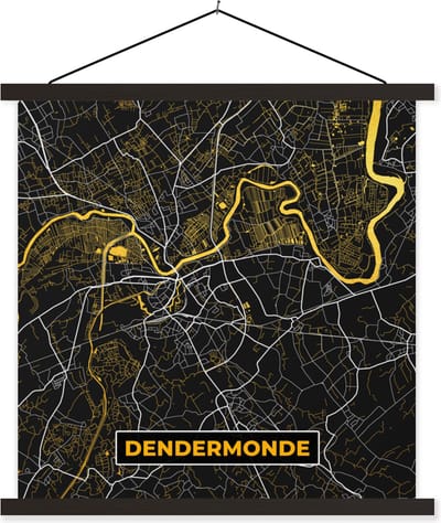 Posterhanger incl. Poster 60x60 cm - Schoolplaat - Goud - Dendermonde - Plattegrond - Stadskaart - Kaart - Textielposter - Zwarte latten - Stadskaart