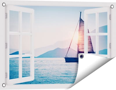 Gards Tuinposter Doorkijk Zeilboot bij Zonsondergang - 60x40 cm - Tuindoek - Tuindecoratie - Wanddecoratie buiten - Tuinschilderij
