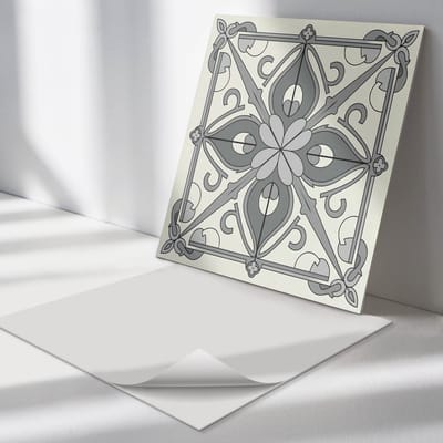 Wallfluent Vinyl Tegels - Bloemenpatroon met Symmetrie Vinyl Vloer Tegels - 30 cm x 30 cm - Grijs PVC Tegels - Set van 9 - Vierkant PVC Tegels - Texturen Plaktegels - Zelfklevende Vinyl Tegels - Plaktegels Keuken en Badkamer