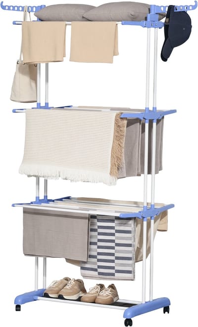 Droogrek op wielen inklapbaar zijvleugels binnen en buiten 73 x 64 x 177 cm blauw zilver