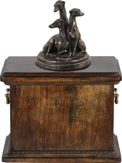 Elegante urn voor de as van een whippet met beeldje in klassieke stijl