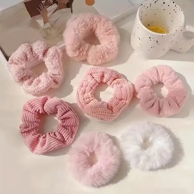 Set 7 Scrunchies - Roze - Lichtroze - Wit - Pluche - Teddy - Goede Kwaliteit - Leuk Als Cadeau