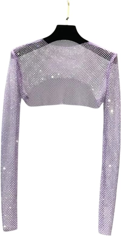 Glitter Mesh Top Dames – Strass Net Shirt, Transparante Lange Mouw Zomer Cover-Up, Glitter Top Dames Party & Festival Kleding met Pailletten - Paars