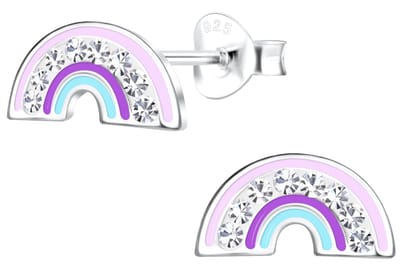 Joy|S - Zilveren regenboog oorbellen - 10 x 5 mm - paars lila turquoise - met kristal - kinderoorbellen