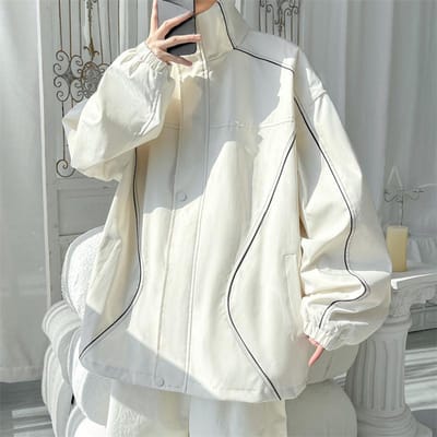 Veste pour homme, nouvelle veste polyvalente pour adolescent, printemps, décontractée, ample, couple, rayée, col montant, veste pour homme 5XL abricot