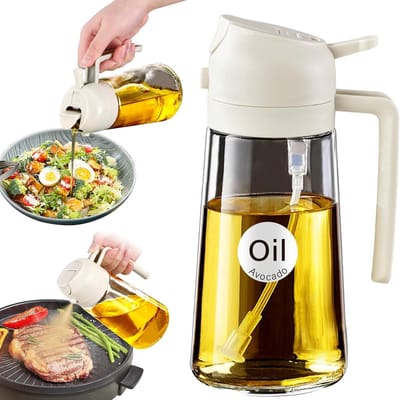 Famanu - 2-delige olijfoliedispenser, 2-in-1 olieverstuiver voor koken, 16oz/470ml glazen olieverstuiverfles, en van voedingskwaliteit voor keuken,BBQ (crèmekleurig)