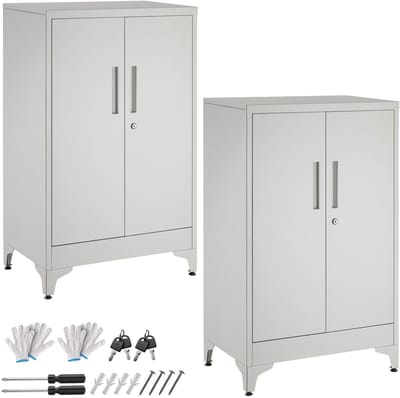 tectake® Stalen Archiefkasten - Set van 2 - 60 x 40 x 100 cm - Opbergkast voor Kantoor, Garage - Kantoorkast - Documenten Kast - 2 Deuren met Magneetsluiting en Sleutel - 2 Verstelbare Planken - Locker - Grijs