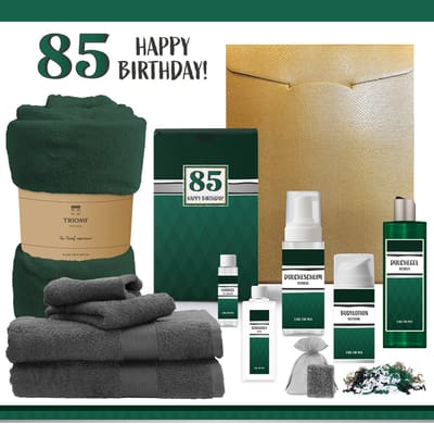 Geschenkset “85 Jaar Happy Birthday!” - 11 Producten - 2000 Gram | Giftset voor hem - Luxe wellness cadeaubox - Cadeau man Verjaardag - Veertig - Gefeliciteerd - Gift Eighty five years - Party - Cadeaupakket Deluxe - Vriend - Verjaardagscadeau -Groen