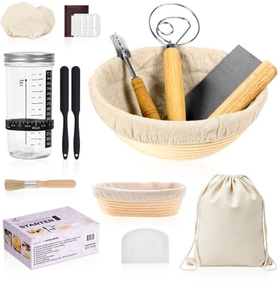 AUREVINTA® Zuurdesem Starter- en Broodbakset – 2 Rijsmanden Rond & Ovaal – Starterpot, Deegmes en Schrapers – met Linnen Broodzak