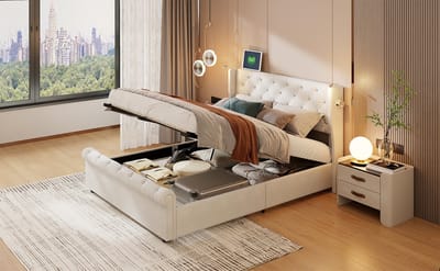Elegant dubbelsbed 140×190 cm – Fluwelen bekleding met LED-hoofdbord & gasdruk-opbergruimte – Comfortabel slaapkamerdesign