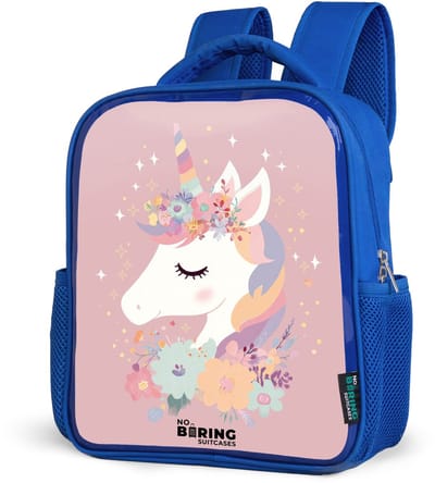 NoBoringSuitcases.com® - Rugzak blauw - Schooltas jongens - Eenhoorn - Roze - Bloemen - Kinder rugtas jongen - Boekentas kind - Kinderrugzak voor school - Schoolrugzak