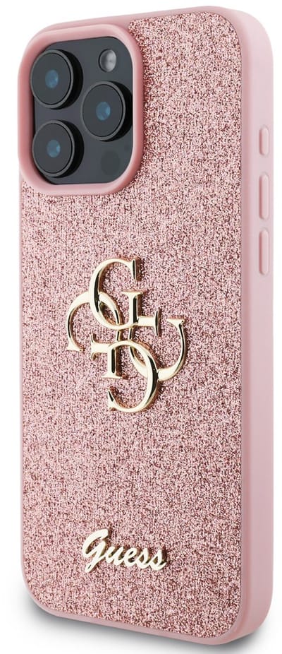 GUESS, Hoesje geschikt voor iPhone 16 Pro - met Glitters & Metalen Logo, Roze