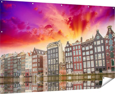 Gards Tuinposter Amsterdamse Huisjes bij het Kanaal - Kleur - 180x120 cm - Tuindoek - Tuindecoratie - Wanddecoratie buiten - Tuinschilderij