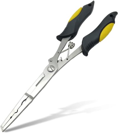 Visgereedschap met Lange Neus van Roestvrij Staal - Haakverwijderaar, Lijnsnijders en Splitringtang voor Zoet- en Zoutwater - 9 Inch, Geel