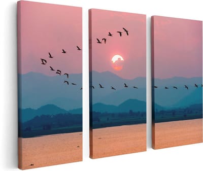 Artaza Canvas Schilderij Drieluik Silhouet Van Zwerm Vogels Bij Zonsondergang - 120x80 - Foto Op Canvas - Canvas Print