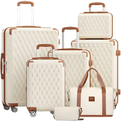 Kofferset – Voor families en lange reizen – Lichtgewicht, duurzaam met TSA-slot – 7-delig, beige, met gladde spinnerwielen (51 cm)