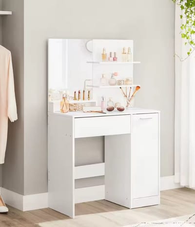 Luxeva Make-up Tafel met Spiegel en Opbergruimte – Moderne Witte Kaptafel met Lade en Kast – Toilettafel voor Slaapkamer