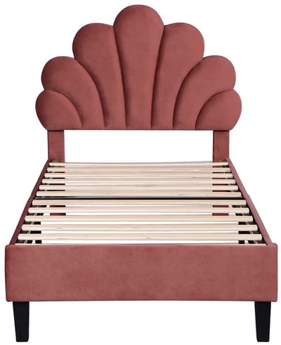 M-Goods - Eenpersoonsbed 90x200 - Fluwelen Bedframe met Bloem Hoofdbord - Kinderbed / Volwassenen - Lattenbodem Inclusief - Rood