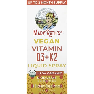 MaryRuth's, Spray Liquide Végétalien Vitamine D3 + K2, Non Aromatisé, 1 fl oz (30 ml)