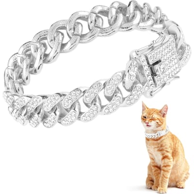 Mode Sieraden Accessoires Gouden Cubaanse Ketting Katten Halsband Luxe Kristal Strass Huisdier Kitten Ketting Voor Katten S zilver