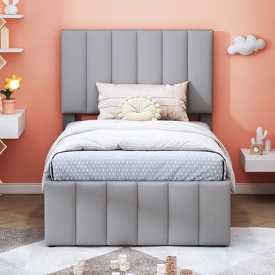 STILVORA Gestoffeerd Bed 90x200 Cm – Eenpersoonsbed Met Uitschuifbed – 3 Opberglades – Verstelbaar Hoofdbord – Zonder Matras – Grijs