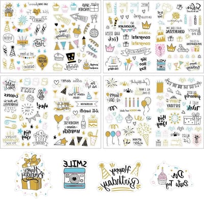 4Pcs Verjaardagsstickers (225 Motieven) Kleurige Decoratie voor Verjaardagskaarten, Cadeaus en Scrapbooks
